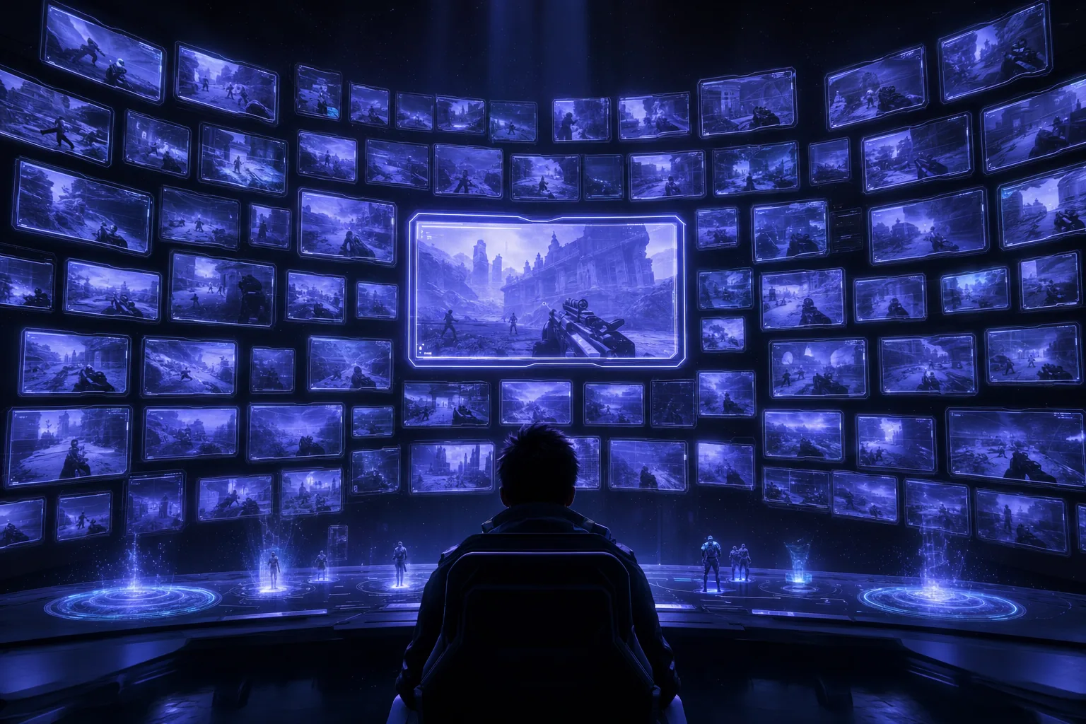 A wall of glowing screens, each replaying a different pro match
